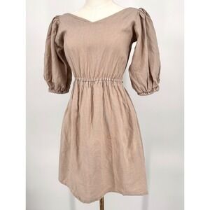 Mie Mini Gozo Dress Sz S Beige Linen Puff Sleeve Strappy Open Back Minimalist